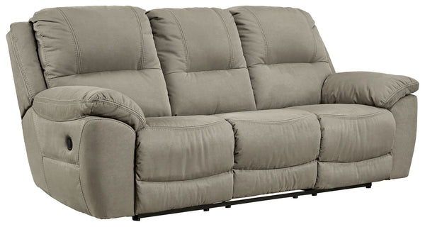  and enjoy some sports on TV with this reclining sofa. You will love its double stuffed pillow top arms and soft-as-suede faux leather upholstery. The family-friendly dark gray color and creative stitching add panache. Recline in comfort 
