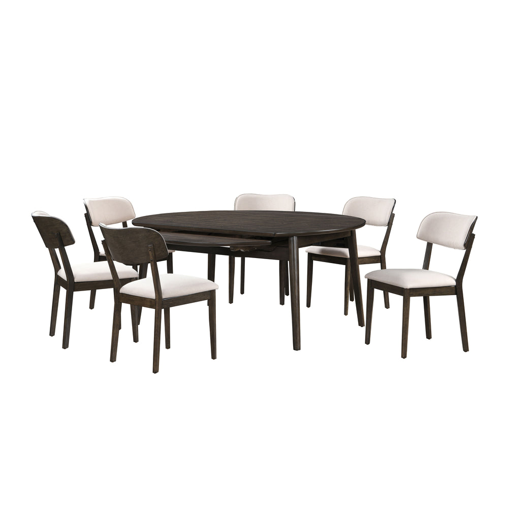 The Rex 7 Piece Mid-Century Modern Wood Dining Set in Walnut Brown offers a stylish and functional solution for your dining area. This set includes a 65" round dining table with self-storing leaves and six chairs. Crafted from solid rubberwood, manufactur