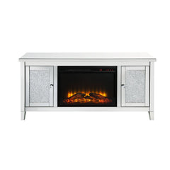 Assembled, Rectangular TV Stand with Fireplace Beveled Mirrored Finish, with Faux Diamonds Inlay (B) Orientation: Free Standing Storage: 2 Doors (Inside each door 2 Compartments, 1 Wooden Shelf) Fireplace with Touch Control Panel & Remote Controller Funct