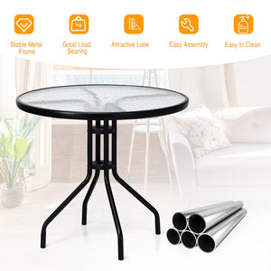 This round table will be your ideal choice if you are looking for a beautiful and practical table. Â  It is made of tempered glass and durable painted steel  which makes this table rust-proof and weather -resistant. Then it is suitable for outdoor and ind