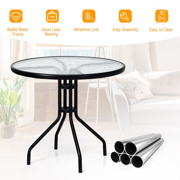 This round table will be your ideal choice if you are looking for a beautiful and practical table. Â  It is made of tempered glass and durable painted steel  which makes this table rust-proof and weather -resistant. Then it is suitable for outdoor and ind