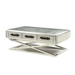 Assembled, Rectangular Coffee Table: Trunk Top Design â€¢ Storage: 3 Drw (Open Base) â€¢â€¢ CONSTRUCTION â€¢â€¢ Trunk Top & Drawer: Aluminum with Ply Frame â€¢ Metal -"X-" Shape Base & Crossbar Support: Iron Base â€¢ Drawer: GLIDE Side Metal (Full Ext.), 