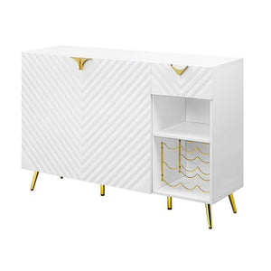  the base offers a touch of gold to enhance the textured vertical lined pedestal. The white high gloss finish reflects light and makes any dining space appear larger and grander.
