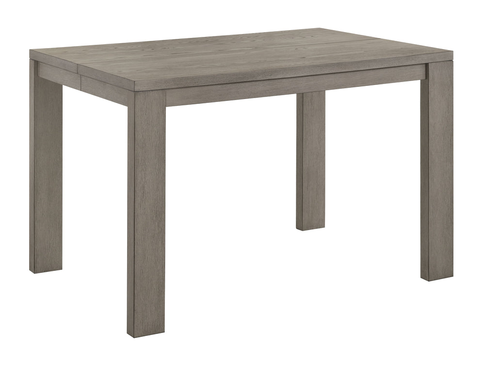 This dining set exudes modern elegance with its counter-height design and a soft grey finish that beautifully complements any contemporary decor. The set features a sturdy, expandable square table that balances clean lines with a rustic wood grain texture