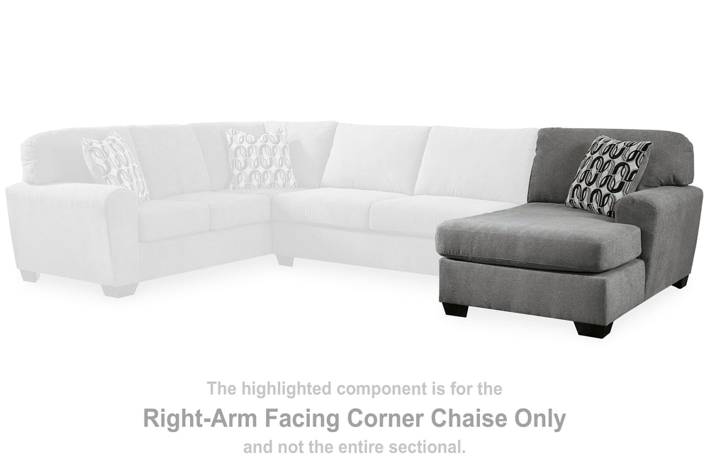 This right-arm facing corner chaise is made with polyester upholstery. Pairs with other items in the series to make a sectional.<br><br><b>Additional Dimensions</b><br><ul><li>Arm height: 26-"</li><li>Seat depth: 44-"</li><li>Seat height: 20-"</li><li>Top