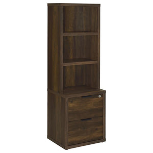 Enhance your home organization with this multifunctional bookcase, featuring a wood-inspired finish. Equipped with three open shelves and two drawers, it offers a mix of display and hidden storage options. The top drawer includes a secure locking mechanis