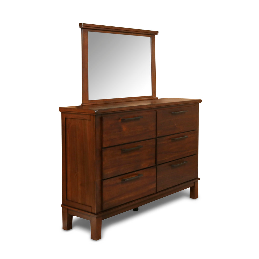 The Cagney Two-Piece Dresser and Mirror Set in Chestnut Brown offers a blend of durability, elegance, and practicality, making it a timeless addition to any bedroom. Crafted from solid Rubberwood, premium engineered woods, and authentic Acacia wood veneer