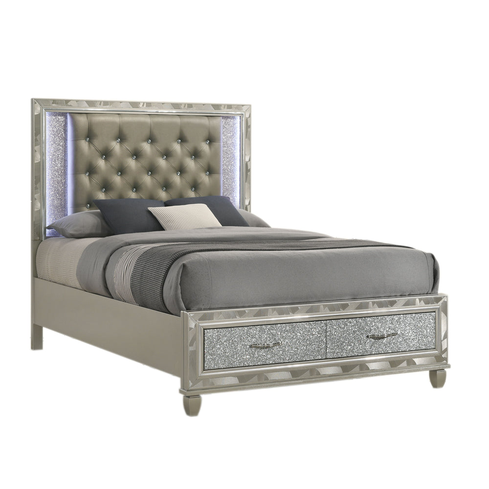 Indulge in the allure of the Radiance Queen Storage Bed in Silver, a marvel of quality construction crafted from a blend of solid rubberwood and manufactured woods for unparalleled stability and durability. Its semi-gloss lacquer Platinum Silver finish le