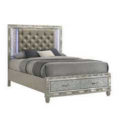 Indulge in the allure of the Radiance Queen Storage Bed in Silver, a marvel of quality construction crafted from a blend of solid rubberwood and manufactured woods for unparalleled stability and durability. Its semi-gloss lacquer Platinum Silver finish le
