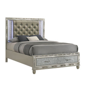 Indulge in the allure of the Radiance Queen Storage Bed in Silver, a marvel of quality construction crafted from a blend of solid rubberwood and manufactured woods for unparalleled stability and durability. Its semi-gloss lacquer Platinum Silver finish le