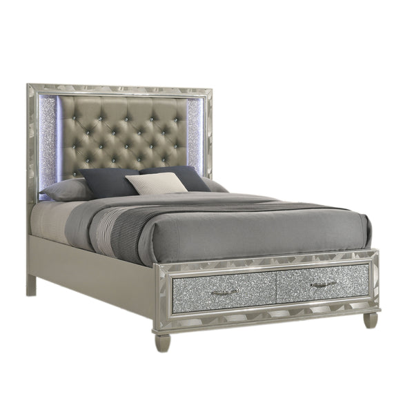 Indulge in the allure of the Radiance Queen Storage Bed in Silver, a marvel of quality construction crafted from a blend of solid rubberwood and manufactured woods for unparalleled stability and durability. Its semi-gloss lacquer Platinum Silver finish le