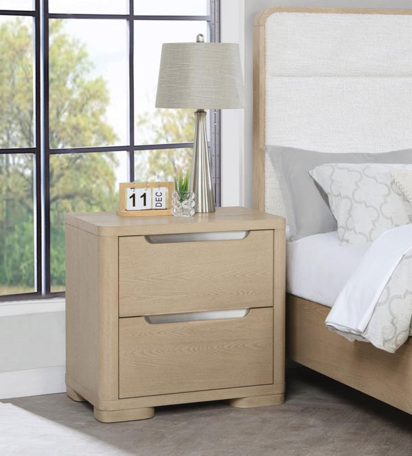  this nightstand features a light elm finish and brushed nickel fingertip pulls for a subtle sparkle. Rounded corners enhance its modern appeal