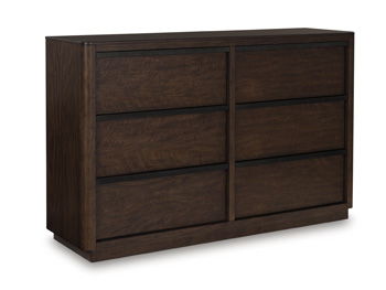 Casual contemporary styling with a decidedly modern vibe. This dresser is warm and inviting with a rich dark brown finish, adorning your restful retreat with on-trend elegance. Full-length metal pulls in a matte black finish add a subtly cool touch to spa