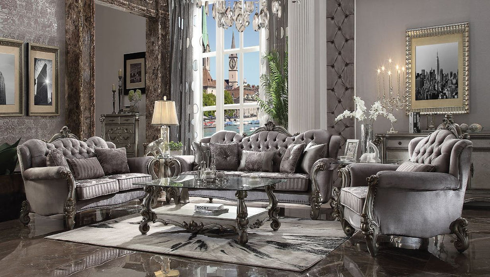 The Versailles collection with antique platinum finish will create you an elegant, warm and traditional taste in your living room. The sofa set reflects highly decorative base with scrolled feet, and the upholstered seats with the deep button tufted and N