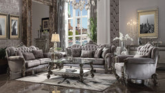 The Versailles collection with antique platinum finish will create you an elegant, warm and traditional taste in your living room. The sofa set reflects highly decorative base with scrolled feet, and the upholstered seats with the deep button tufted and N