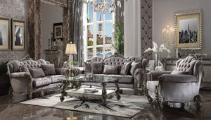 The Versailles collection with antique platinum finish will create you an elegant, warm and traditional taste in your living room. The sofa set reflects highly decorative base with scrolled feet, and the upholstered seats with the deep button tufted and N