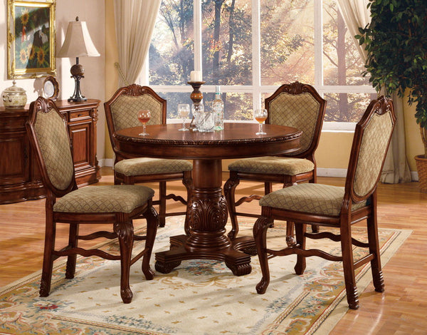 KD, Round Single Pedestal Table NO Storage Fixed Top (NO Extension Included) CONSTRUCTION Wooden Top & Apron: Arched Sides, Parquet Top Pattern & Grooved Trim (Top Size 5-"H) Wooden Single Pedestal: Column with Raised Leaves Motifs Over 4- Foot Base