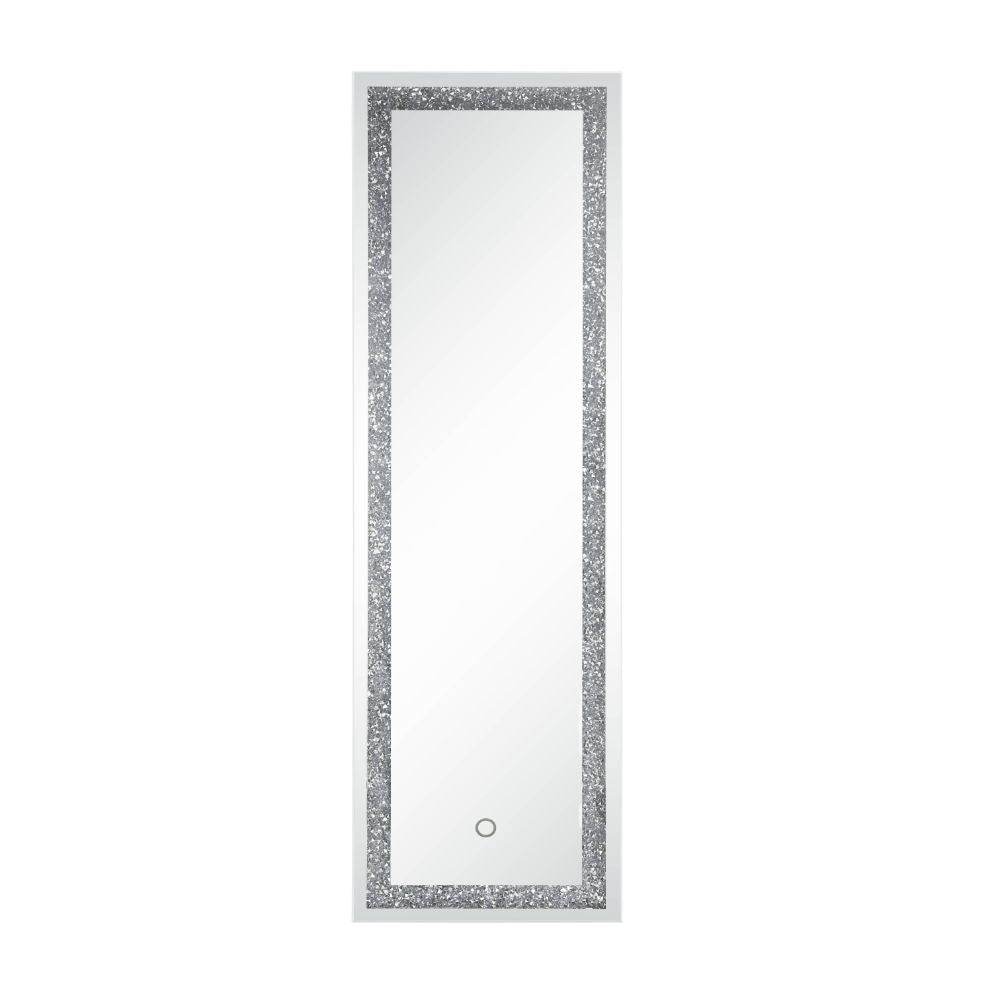 Noralie - Floor Mirror w/LED - Mirrored & Faux Diamonds - 19-"<br/><br/><b>Product Features</b><ul><li>Accent Floor Mirror</li><li>Rectangular Shape (Portrait Orientation)</li><li>LED Touch Light Included</li><li>Beveled Mirrored Frame</li><li>Faux Diamon