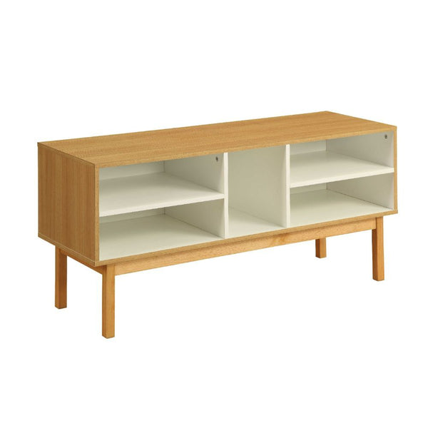 The gorgeous Drivia Rectangular console table demonstrates style with a contemporary design. This table features 5 Open Compartments, wooden shelves in white finish & wooden square-straight legs in natural finish to support. Add this console table to any 