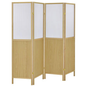 Create the perfect sense of division in your open living space with a transitional four-panel room divider. The freestanding piece offers four tall panels, each divided with a semi-opaque top section that allows light to pass through. The panels are ideal