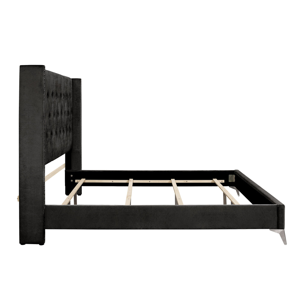 The Huxley Upholstered Bed in Black is a marvel of contemporary glam and durable construction. This bed set includes a headboard, footboard, two side rails, and a slat kit, all crafted from manufactured woods and eco-friendly decorative laminate for long-