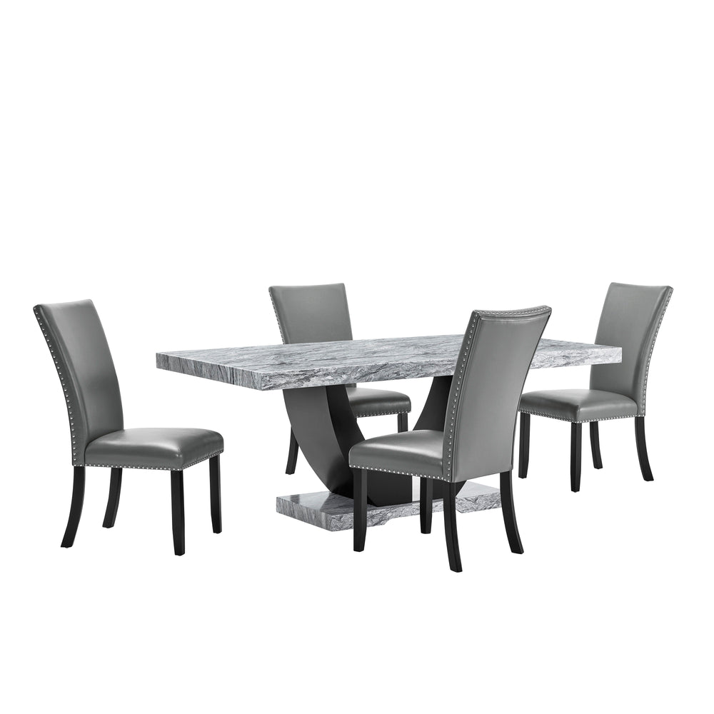 Transform your dining experience with the Lyra 5 Piece Dining Set, a perfect blend of style and practicality. This set features a striking faux marble table and four chic upholstered chairs, designed to bring a touch of contemporary glam to your home. The