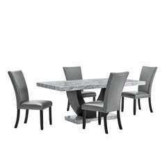 Transform your dining experience with the Lyra 5 Piece Dining Set, a perfect blend of style and practicality. This set features a striking faux marble table and four chic upholstered chairs, designed to bring a touch of contemporary glam to your home. The