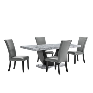 Transform your dining experience with the Lyra 5 Piece Dining Set, a perfect blend of style and practicality. This set features a striking faux marble table and four chic upholstered chairs, designed to bring a touch of contemporary glam to your home. The