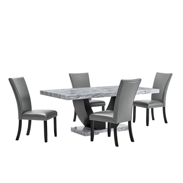 Transform your dining experience with the Lyra 5 Piece Dining Set, a perfect blend of style and practicality. This set features a striking faux marble table and four chic upholstered chairs, designed to bring a touch of contemporary glam to your home. The