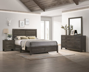 This bedroom collection showcases a rustic yet refined aesthetic, ideal for creating a tranquil and cozy retreat. The ensemble features a robust bed with a clean-lined headboard that brings a touch of rustic charm. The wood grain finish is complemented by