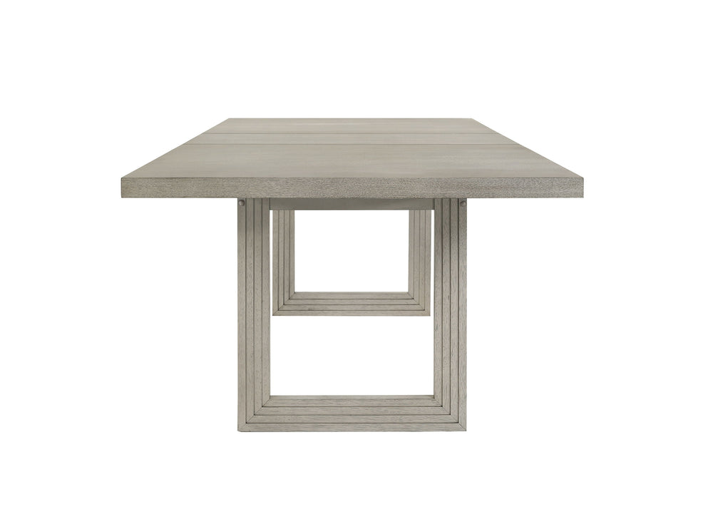 Introducing a dining set that seamlessly blends minimalism with contemporary elegance. Anchoring the ensemble is a robust table featuring a muted, natural finish that highlights the woodgrain detail. Accompanied by sleek chairs upholstered in a plush, neu