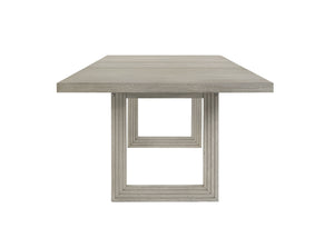  natural finish that highlights the woodgrain detail. Accompanied by sleek chairs upholstered in a plush
