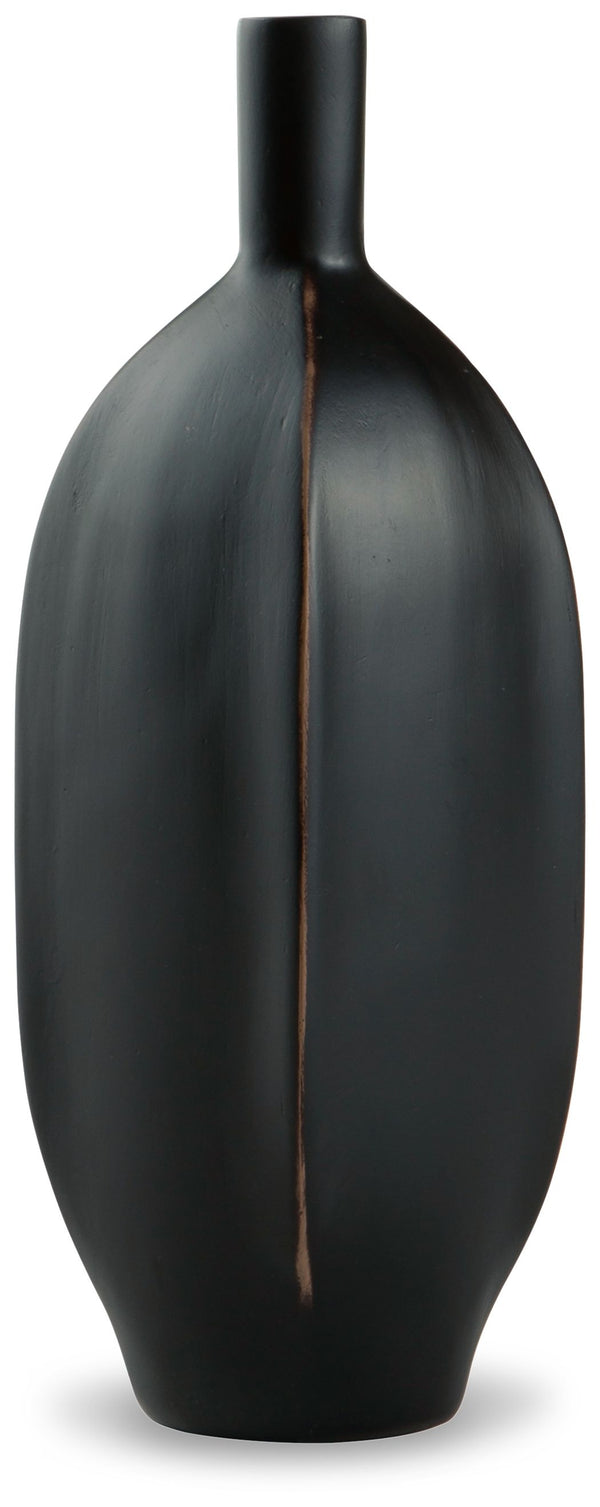 Impress with the simply sleek stylings of this vase. A black finish coats the piece, with a brown rub on the corners acting as a subtly eye-catching design element. What a chic addition to your bookcase, mantel or tabletop.<br/><br/><b>Product Features</b