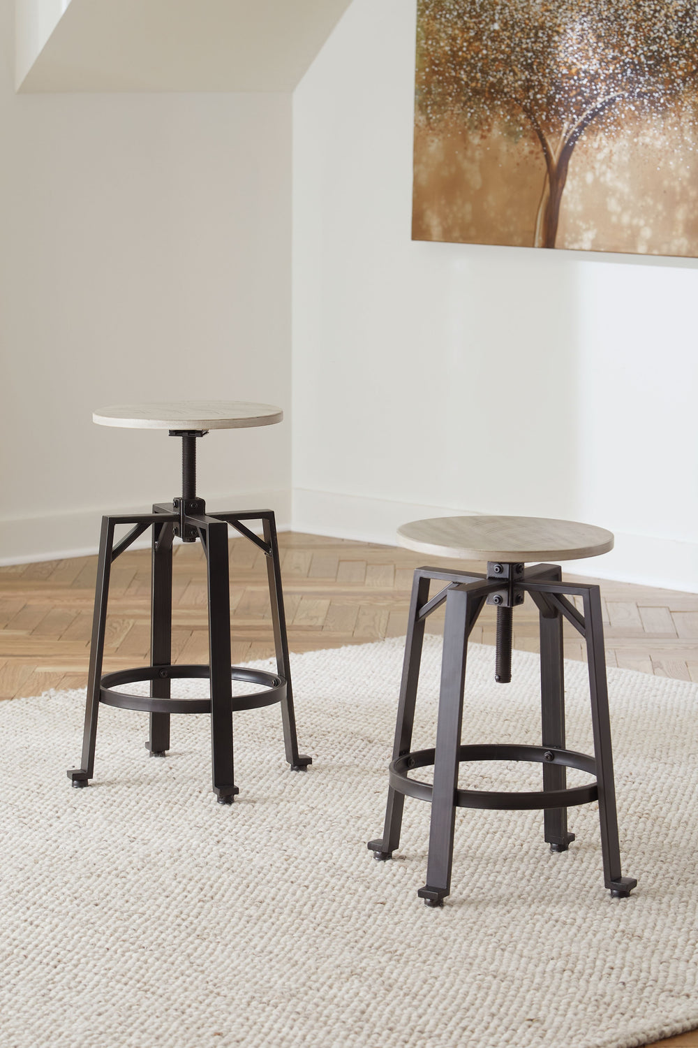 Add a rustic-yet-refined look to your home with this two-tone swivel stool. Its distressed whitewash wood seat with black metal frame conveys an inviting farmhouse style. This charmer easily moves from counter to pub height, giving you and your guests the