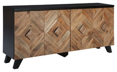 Diamond life. Make a bold, brilliant statement with this 4-door accent cabinet. Its two-tone styling merges a dark brown exterior with a multi-tonal distressed finish on the doors and handles. A diamond-shaped plank effect brings rich, dimensional flair t