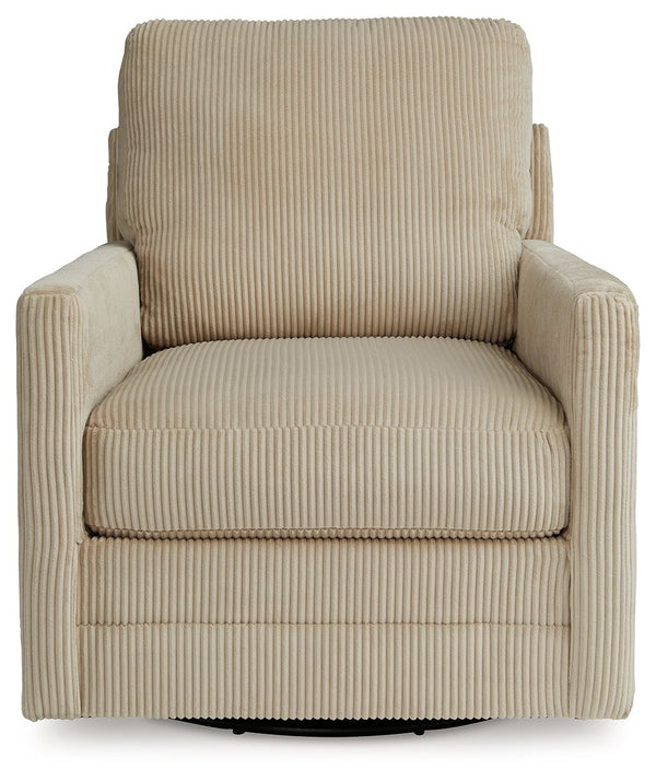  homey comfort. This swivel chair has it all. Lightweight sand-hued corduroy upholstery makes it a cozy yet head-turning piece. Factor in the 360-degree spin