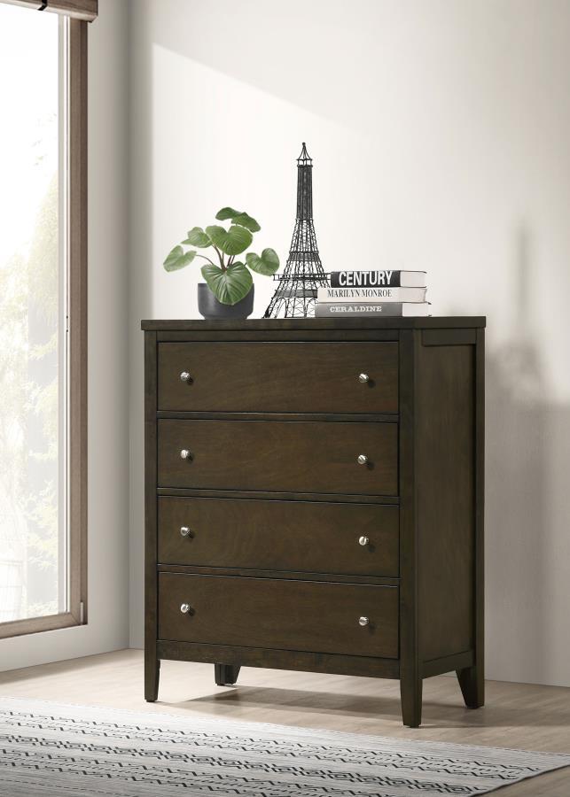 This four-drawer chest offers a perfect blend of function and style with its deep drawers and sleek design. The dark cocoa finish highlights the chestâ€™s vertical details, bringing warmth and sophistication to your space. Brushed nickel hardware provides