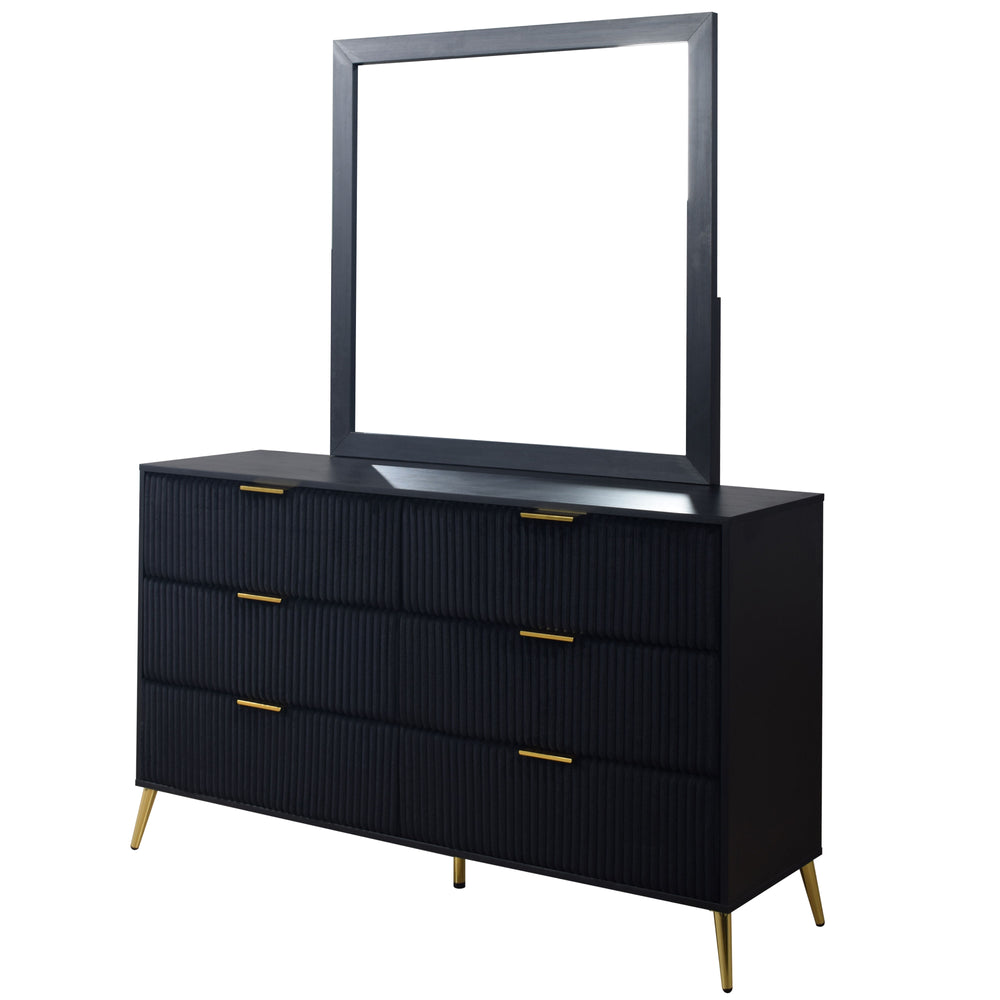 The Kailani 2 Piece Dresser and Mirror Set in black is a stunning combination of modern design, durability, and eco-friendly craftsmanship, making it an elegant addition to any bedroom. This set includes a dresser and mirror, both expertly crafted from a 