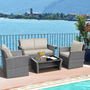 Includes 2 armchairs  1 loveseat and 1 coffee table for versatile use<br>Sturdy power coated steel frame provides strong durability and stability<br>Thick tempered glass tabletop to hold your drinks  meals and more<br>Coffee table with a spacious shelf pr