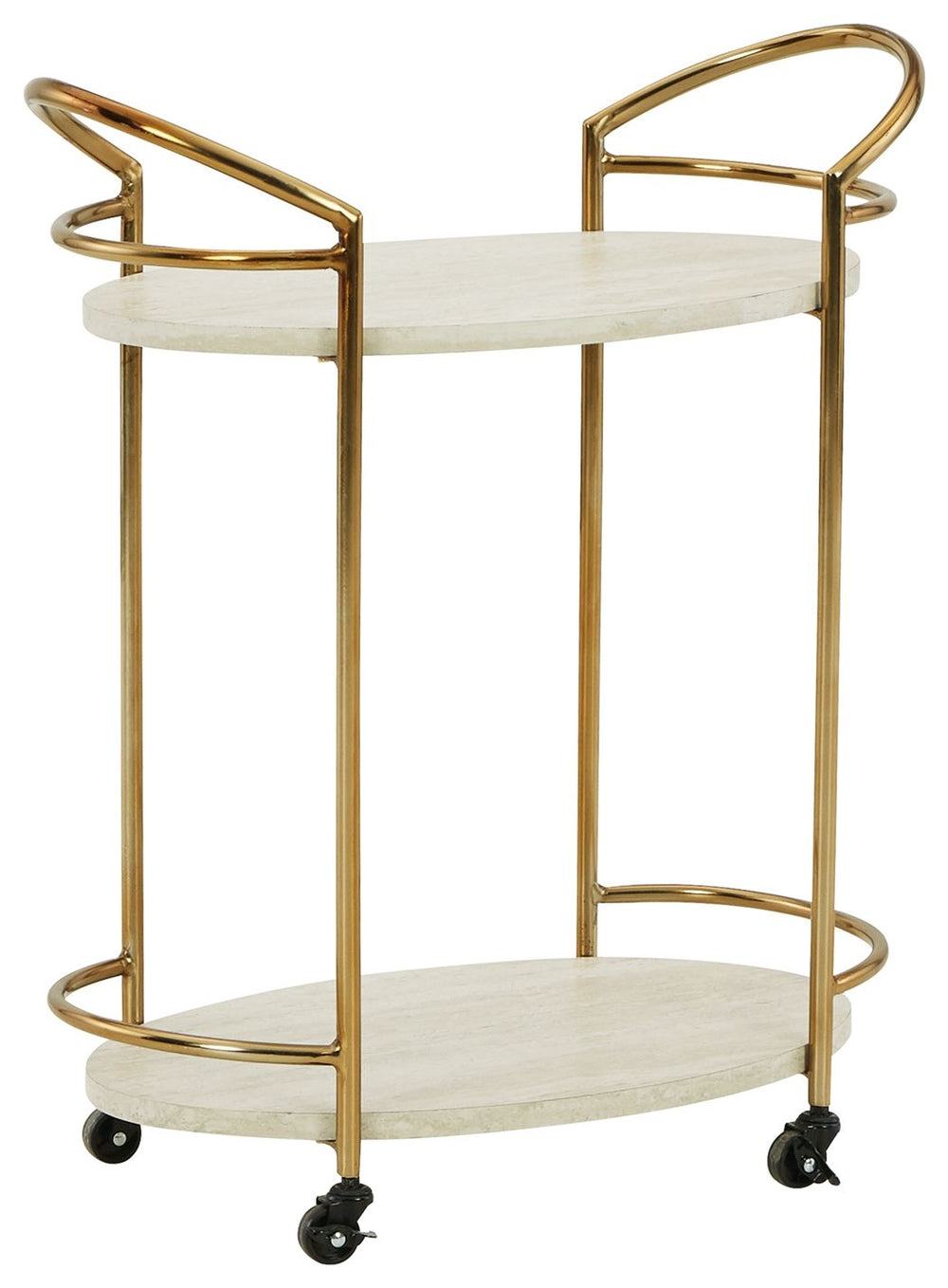 Part furniture, part art form, this luxurious bar cart is stone cold perfection. Light goldtone metal frames the faux travertine shelves to create a curated look. A stunning showcase of minimalism taken to the max, this decidedly contemporary piece will h