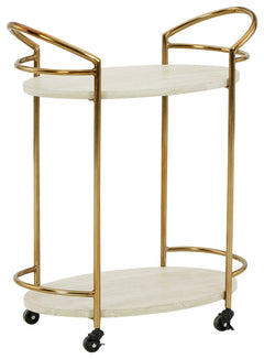 Part furniture, part art form, this luxurious bar cart is stone cold perfection. Light goldtone metal frames the faux travertine shelves to create a curated look. A stunning showcase of minimalism taken to the max, this decidedly contemporary piece will h
