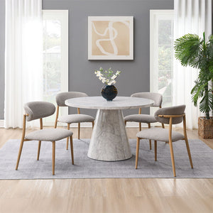  while the single pedestal base ensures stability. Complemented by padded seat and back cushion side chairs