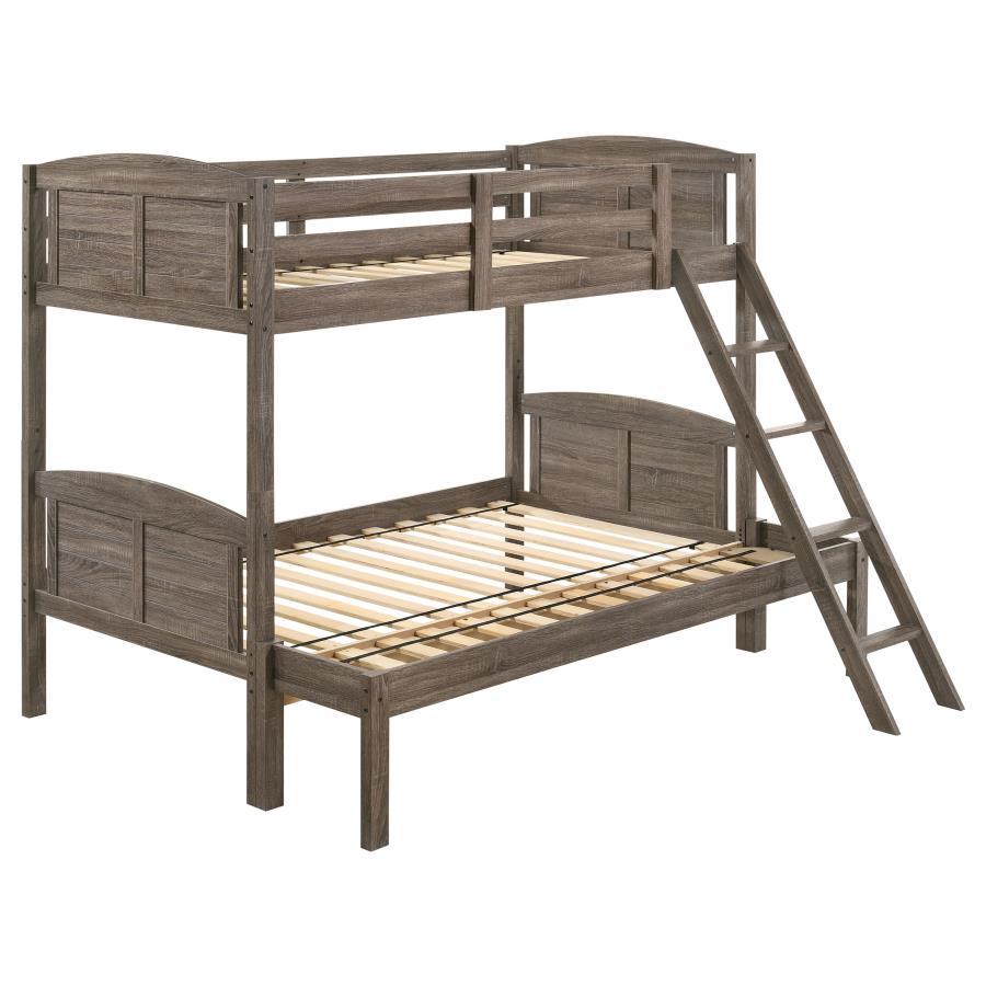 A casual country vibe carries the space with this rustic bunk bed, perfect for compact bedrooms and shared sibling spaces. A weathered brown finish lends a neutral hue to transform a space into a serene, restful retreat. Along the top bunk are safety guar