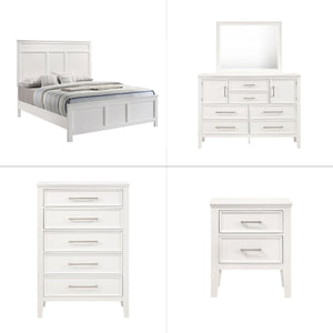 The Andover Wood 5-Piece Bedroom Set in White offers a complete and stylish solution for your bedroom, blending durability, elegance, and functionality. This set includes a Panel Bed, Dresser, Mirror, Nightstand, and Chest, all expertly crafted from solid