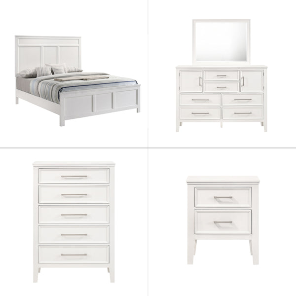 The Andover Wood 5-Piece Bedroom Set in White offers a complete and stylish solution for your bedroom, blending durability, elegance, and functionality. This set includes a Panel Bed, Dresser, Mirror, Nightstand, and Chest, all expertly crafted from solid