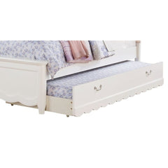 KD, Twin Trundle â€¢ Roll-Out (Caster Wheels) â€¢ May be used on either side of the bed â€¢ Wood Frame & Platform Base Boards: Scalloped Front Panel â€¢ Hardware: 2 Loop Handles<br/><br/><b>Product Features</b><ul><li>Case: 1Pc/1Ctn</li><li>Finish: White<