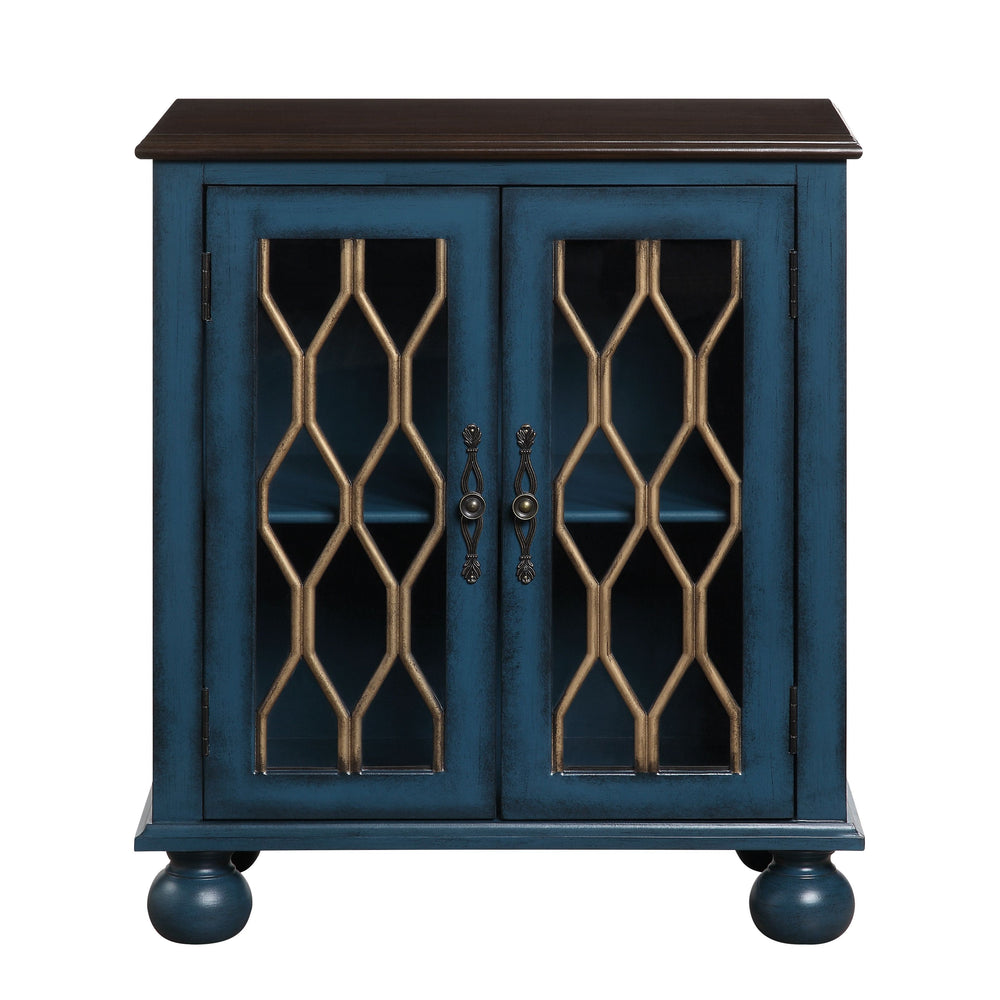 Rectangular Accent Table w/2 Doors Wooden Turned Leg Storage: Glass Doors w/1 Shelf Inside<br/><br/><b>Product Features</b><ul><li>Rectangular Accent Table w/2 Doorsâ€§ Wooden Turned Leg</li><li>Storage: Glass Doors w/1 Shelf Inside</li><li>Pattern & Clea