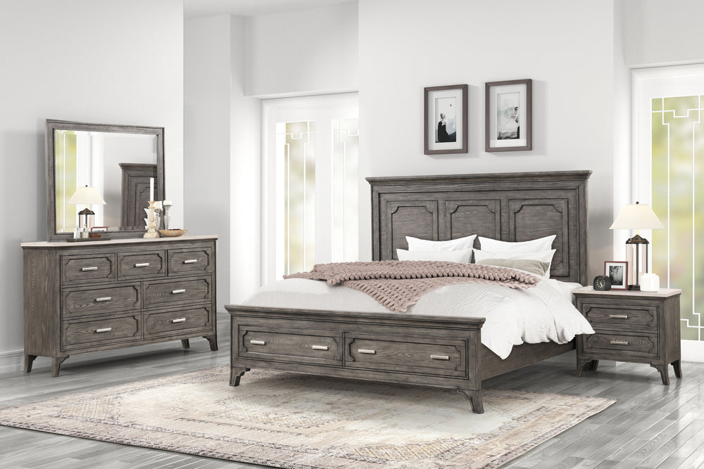 Transform your bedroom into a sanctuary of timeless elegance with the Lisbon 4 Piece Bedroom Set in Gray. Crafted from Acacia solid wood and eco-friendly embossed oak laminate, this set ensures enduring strength and durability. Its multi-step gray finish 