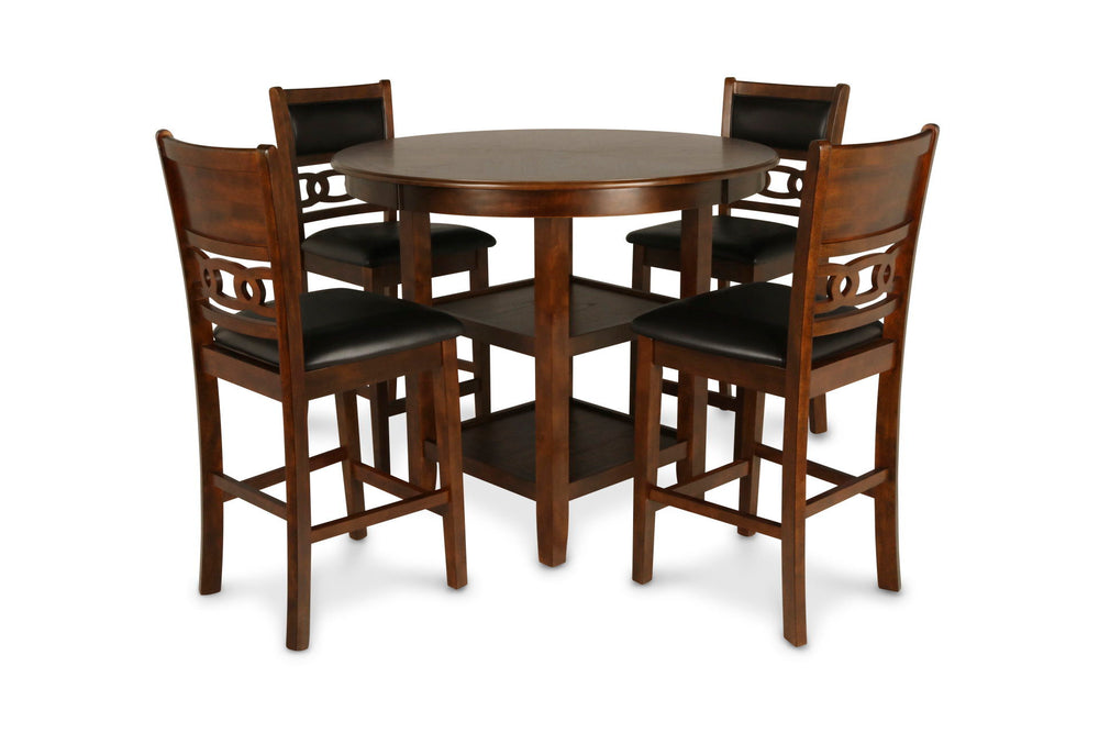 The stylish Gia 5 Piece Counter Dining Table and Chair set is built with comfort, durability and function in mind. This dining set provides spacious seating for four, with the added convenience of two storage shelves located under the table top, perfect f