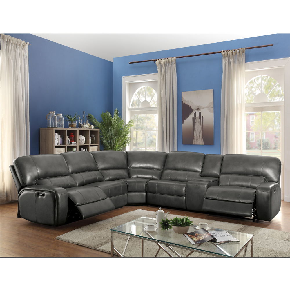 KD, Sectional (Power Motion & 2 USB Charging Docks) -"L-" Shape (Reversible Console & Armless Chairs) Includes: 2 Reclining Seats (Power Motion LAF/RAF), 3 Stationary Seats (2 Armless Chairs, Curved Wedge), Console with Storage & Cup-Holder (Safety Hinge)